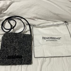 Fendissime black white nubby wool min bag square leather patent strap like new
